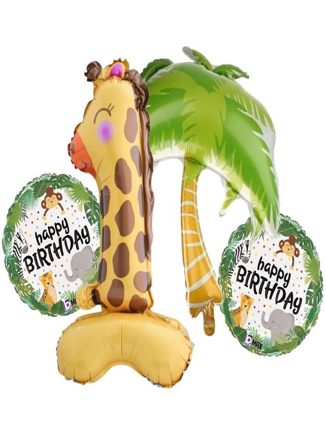 Atpata Funky 1st Birthday Self Standing Giraffe Theme Number 1 Foil Balloon with Palm Tree & Jungle Animal Happy Birthday Balloons - Party Decoration Set for Baby Boys & Girls - Image 1